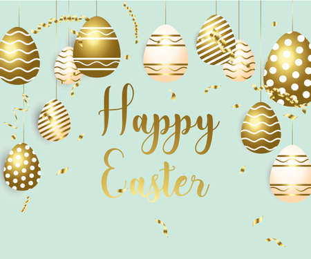 Happy easter template with gold ribbon and eggs, frame, green background and gold confetti. Vector illustration. Design layout for invitation, card, menu, flyer, banner, poster, voucherのイラスト素材