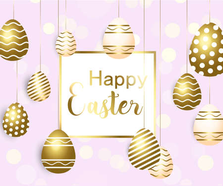 Happy easter template with gold ribbon and eggs, frame, green background and gold confetti. Vector illustration. Design layout for invitation, card, menu, flyer, banner, poster, voucherの写真素材