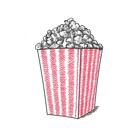Popcorn Vector hand drawn sketch vector illustration, popcorn stripe bucket. Sketch design. Cinema snack fast food.の写真素材