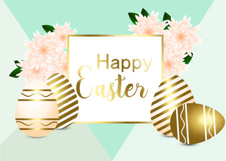 Easter composition with realistic glossy eggs with different patterns, cookies in the shape of egg, chicken, easter Bunny, lamb, flowers daisy and rosehip. Green background. Inscription Happy Easter.の写真素材
