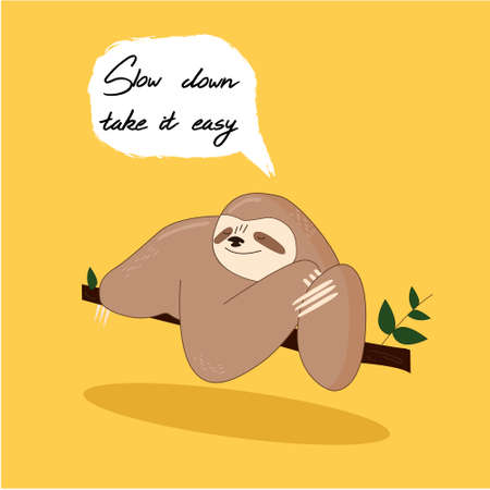 Cute sloth on the branch with garland. Vector illustration. Fun poster.の写真素材