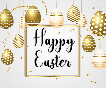 Happy Easter white background with colorful, dotted, striped gold eggs, Egg hunt for children template layout. Vector illustration. Design layout for invitation, card, menu, banner, poster, voucher.のイラスト素材