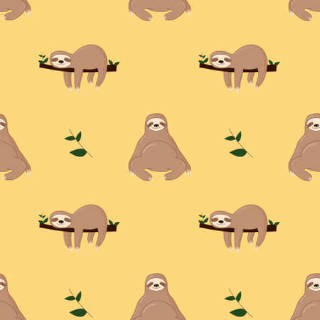 Seamless pattern with cute jungle sloths on green background,のイラスト素材