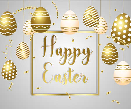 Happy Easter white background with colorful, dotted, striped gold eggs,のイラスト素材
