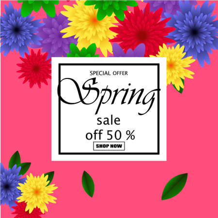 Spring sale banner paper flower on colorful background.のイラスト素材