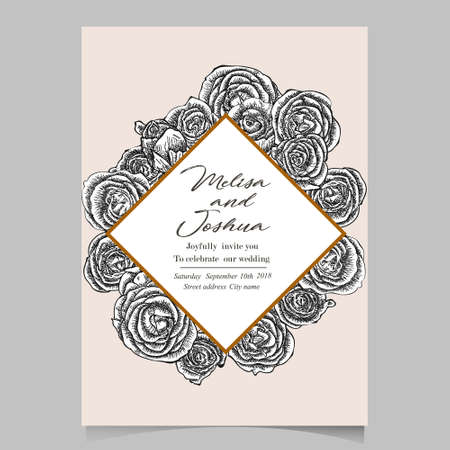 Greeting Card made of Hand Drawn Flowers Roses. Monochrome Botanical Vintage Vector Illustration. Bloomingのイラスト素材