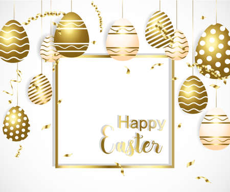 Happy easter template with gold ribbon and eggs, frameのイラスト素材