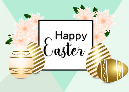Easter greeting card. Easter calligraphic greeting in gold egg and paper flowersのイラスト素材