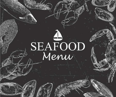 Seafood hand drawn vector illustration. Engraved style blackboard template.の写真素材