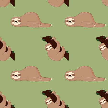 Seamless pattern with cute jungle sloths on green background, vector illustrationの写真素材