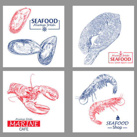 Seafood vintage design template.Vector illustration hand drawn linear art. Fish and seafood restaurant menu. Hand drawn sketch seafood vector bannersのイラスト素材