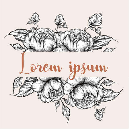 Hand-drawing peonies, graphic flowers in Ink frame with seamless contour pattern.のイラスト素材