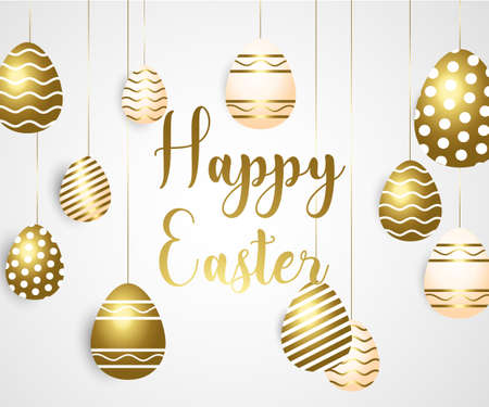 Happy easter template with gold ribbon and eggs, frame, green background and gold confetti. Vector illustration. Design layout for invitation, card, menu, banner, poster and voucher.のイラスト素材