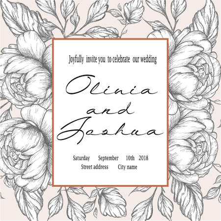 Hand-drawing peonies. Vector graphic flowers. Decorative background for cards, invitations. Template greeting card. Ink frame with seamless contour pattern. Brush drawn - rough, artistic edges.のイラスト素材