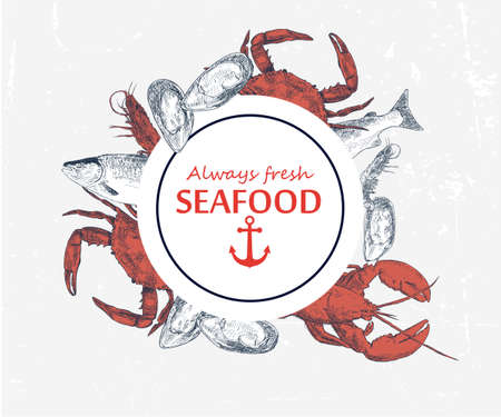 Vector hand drawn seafood logo.  Engraved art in round border composition.のイラスト素材