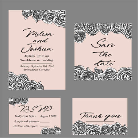 Vintage botanical background with dog rose wreath. Vector floral hand drawn illustration of briar flowers and leaves. Wedding design. Engraving styleの写真素材