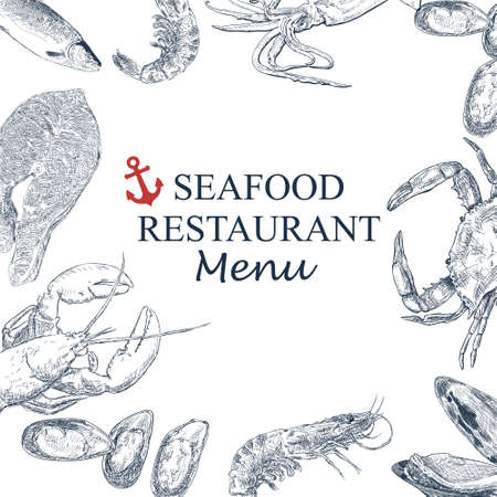 Vintage seafood frame vector illustration. Hand drawn with ink engraved style image.のイラスト素材