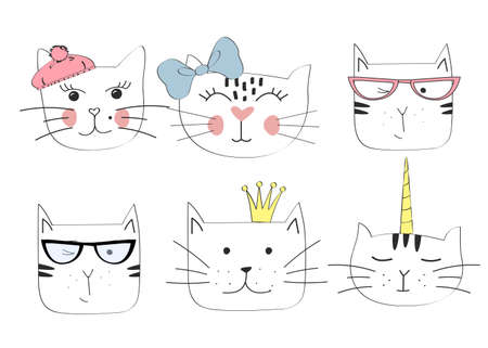 Cats heads emoticons vector hand drawn illustrationのイラスト素材
