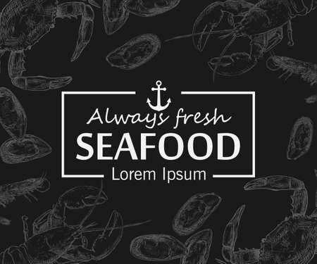 Seafood hand drawn vector illustration. Engraved style blackboard template.のイラスト素材