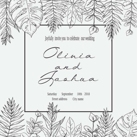 Banner with herbs, leaves and ferns. Frame with a leafy bouquet. Floral design elements. Vector illustration. Vintage style.のイラスト素材