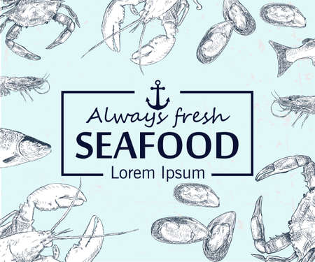 Vintage seafood frame vector illustration. Hand drawn with ink. Engraved style imageのイラスト素材