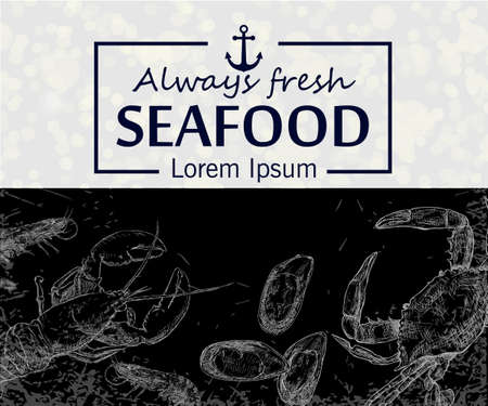Seafood hand drawn vector illustration. Engraved style blackboard template.のイラスト素材