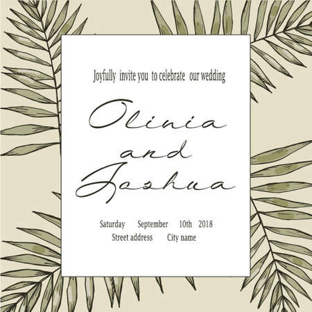 Vector vintage card. Wedding invitation. Botanical illustration. Tropical leaves. Black and whiteのイラスト素材