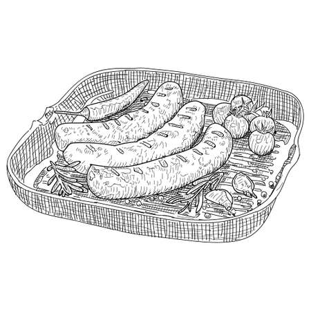 Grilled Sausage on a fork, doodle style, sketch   hand drawn Vector illustration.のイラスト素材