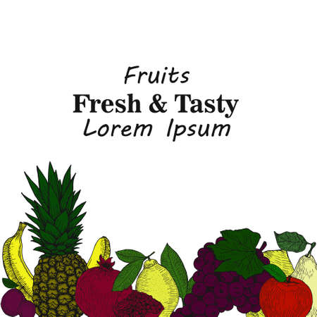 Monochrome round frame of different fruit. Hand drawn sketch of fruitsのイラスト素材