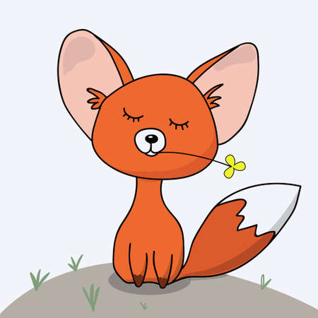 Cute fox with heart. Flowers. Children's drawing card on a black background, graphic printのイラスト素材