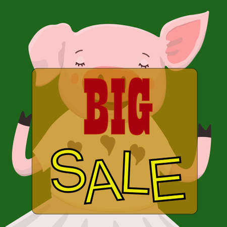 Vector style Sale banner template design with cute pink pig jump out of a shopping bag.のイラスト素材