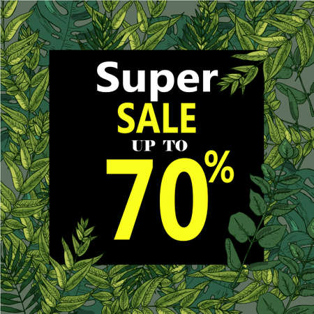 Sale banner, poster with palm leaves, jungle leaf and handwriting Floral tropical summer background....