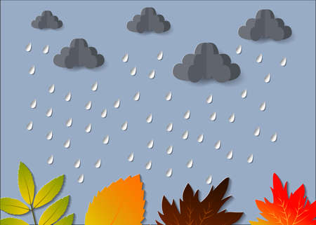 The Concept is Rainy season umbrella in the air with cloud and rain paper cut style. vector design element illustrationのイラスト素材
