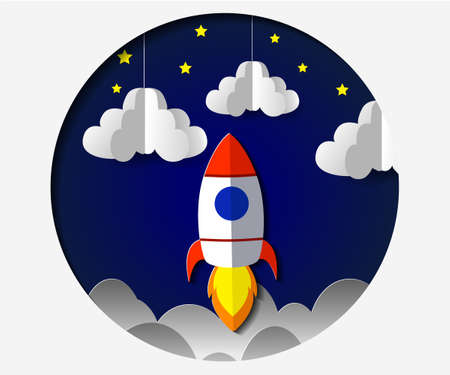 Paper art carving the rocket flying in space. Concept business idea, startup, exploration. Vector illustration in modern papercut style.のイラスト素材