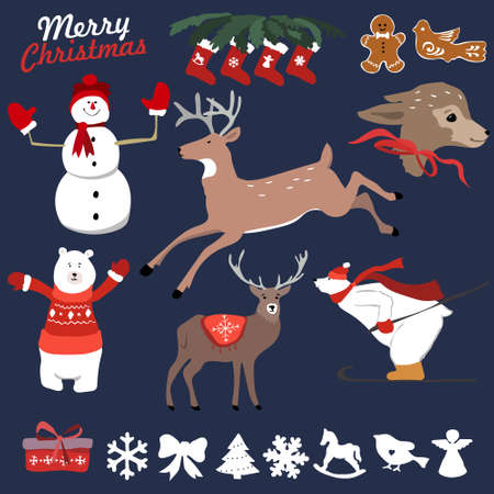 Merry Christmas and Happy New Year sticker label decorations modern style vector postcard template. Stylish concept icons set of Xmas and winter holidays. Collection of celebration objectのイラスト素材