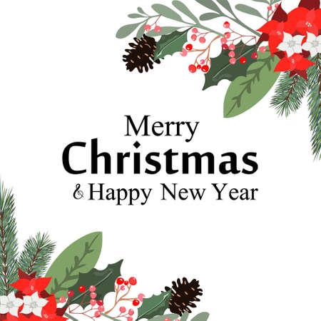 Christmas bouquets arranged from red and  poinsettia, fir branch, emerald eucalyptus selection, mix of plants and berries. Happy holiday greenery.  style set.のイラスト素材