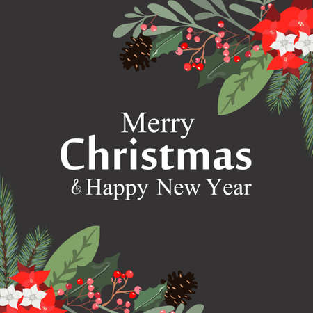 Christmas bouquets arranged from red and  poinsettia, fir branch, emerald eucalyptus selection, mix of plants and berries. Happy holiday greenery.  style set.のイラスト素材