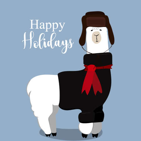 Cute alpaca wear Christmas costume and cactus seamless pattern. Animal in holiday cartoon character background.のイラスト素材