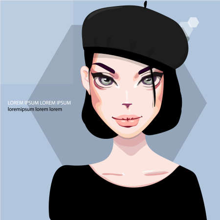 Girl boss. Fashion girl with red lips in sunglasses girl boss. Beautiful brunette woman face vector illustration. Stylish original graphics portrait with beautiful young attractiveのイラスト素材