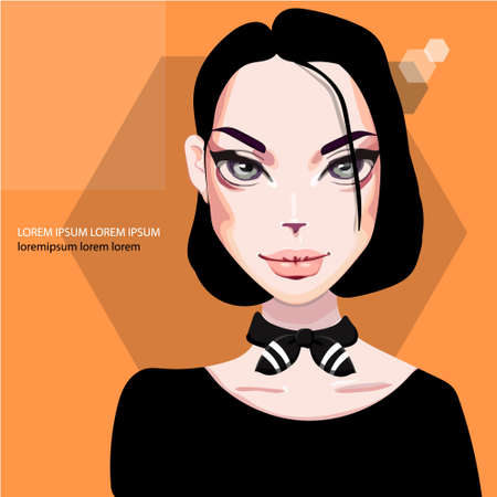 Girl boss. Fashion girl with red lips in sunglasses girl boss. Beautiful brunette woman face vector illustration. Stylish original graphics portrait with beautiful young attractiveのイラスト素材