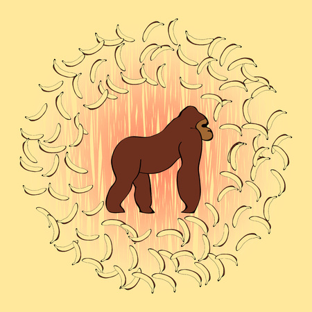 Vector illustration with gorilla and bananas on yellow background.のイラスト素材