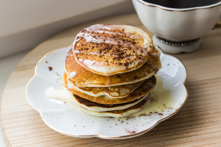 Protein pancakes with rice flour on a white plate. Useful baking.の写真素材