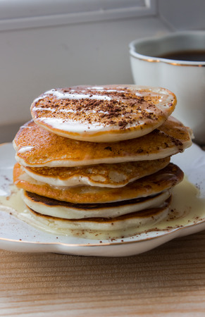 Protein pancakes with rice flour on a white plate. Useful baking.の写真素材