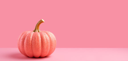 Shiny pumpkin covered with sparkling glitter on the pink background.の素材