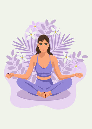 Vector illustration of a girl meditating in lotus position. Healthy lifestyle.のイラスト素材