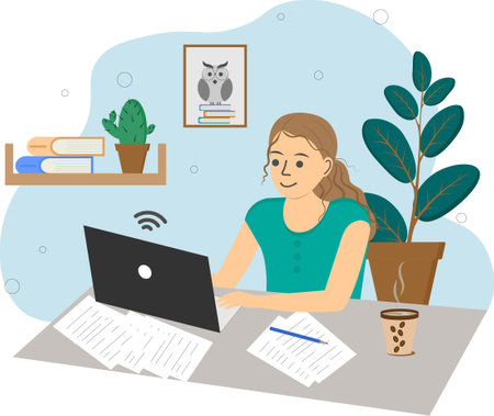 Illustration of a Young Woman Working on her Laptop at Homeのイラスト素材