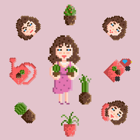Set of 8 pixel art icons. Cute little girl with a pot of cactus.