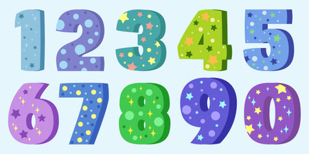Set of cute numbers with decor from 0 to 9 for kids. Perfect for happy birthday design for boys. Educational clip art. Vector illustration.のイラスト素材