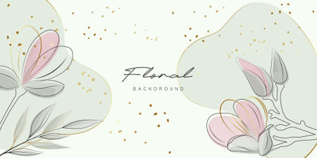 Botanical background with sakura flowers. Luxury background for card, poster, banner, text, website and packaging. Minimalistic style with golden lines of sakura flowers and leaves. Watercolor vector image.のイラスト素材