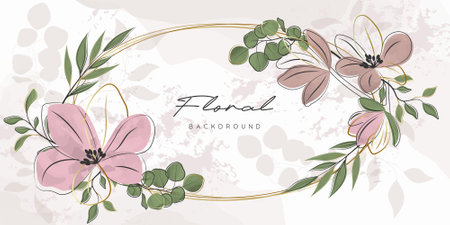Green botanical background with flowers. Luxury background for card, poster, banner, invitation, website. Minimalistic style with golden lines of sakura flowers and leaves. Watercolor vector image.のイラスト素材